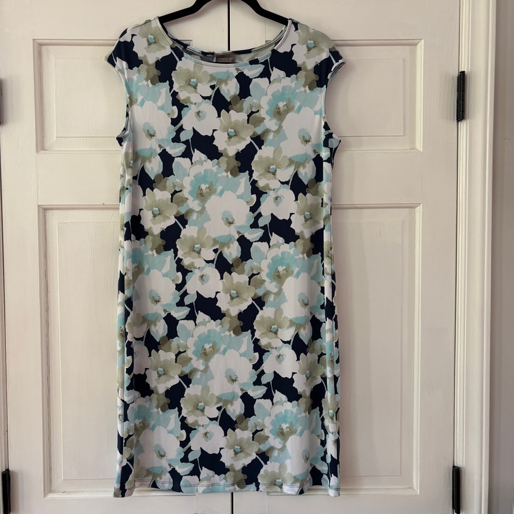 Chico’s Size 1 Floral Print Women's Dress Blue Shift Midi‎ Chicos Size Medium